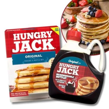 Imagem de Combo Hungry Jack Original Importado Massa Panquecas Waffle Mix 907g Xarope Maple Syrup Calda Bordo Galão 710ml