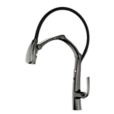 Imagem de Torneira de cozinha de latão cinza de luxo com sucção magnética de indução inteligente, design retrátil, torneira para pia fria e quente, cinza escovado2