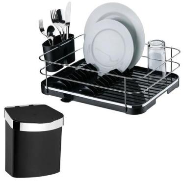 Imagem de Kit Escorredor De Louças Lixeira 2,5L De Pia Cozinha Preto Cromado - F