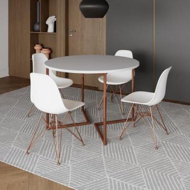 Imagem de Mesa Industrial Jantar Redonda Branca 110cm Base V com 4 Cadeiras Eame