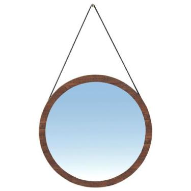 Imagem de Espelho Redondo Decorativo Melk 65cm Com Tira de Couro Madeira Maciça 