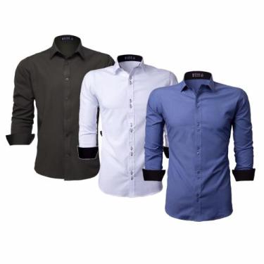 Imagem de Kit 3 Camisas Social Masculina Manga Longa Slim Lisa Botões Duplos (Gr