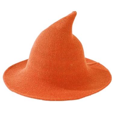 Imagem de URFUN Chapéu feminino de lã de bruxa, aba larga, espiral, gorro tricotado para decoração de festa de Halloween, laranja