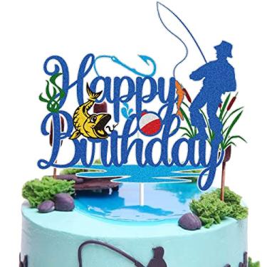 Imagem de Gone Fishing Happy Birthday Cake Topper Blue Glitter Little Fisherman Seaweed Fish Hook Cake Decoration Bobber Fish Man Fishery Pole Fisher Party Supplies for Kids Boys Man