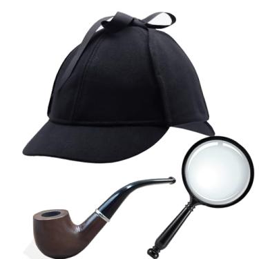 Imagem de iovgm Chapéu Deerstalker / chapéu de detetive + lupa de 100 mm + tubo de madeira maciça, fantasias de cosplay para mulheres, homens e crianças, Conjunto preto, G