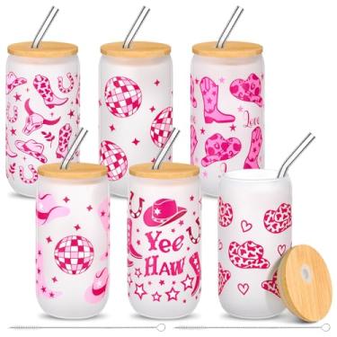 Imagem de Jingmore 6 peças de lata de cerveja de vidro Western Cowgirl 473 ml, copos de café gelado fosco ocidental com tampa de bambu, canudo de vidro e escova de limpeza, copos de bebida, lembrancinhas de