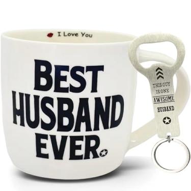 Imagem de MALLAbyLAMMA Caneca Best Husband de cerâmica de 350 ml, abridor de garrafas com chaveiro de marido, melhor marido de todos os tempos, caneca de café da esposa, presentes românticos para marido,