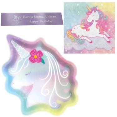 Imagem de WGIS We Got It Shop Conjunto de pratos e guardanapos de unicórnio para 16 anos com fita de feliz aniversário impressa