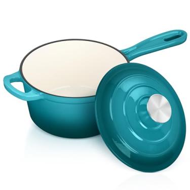 Imagem de Panela de ferro fundido esmaltado com tampa, panela de 2 litros com tampa, panela de ferro fundido esmaltado, utensílios de cozinha para todos os cooktops, sopa, leite - até 260 °C e 3 kg, verde lago