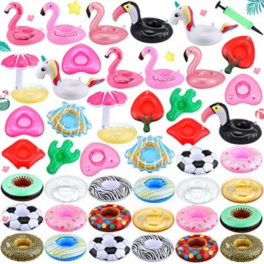 Imagem de Pacote com 42 suportes de bebidas infláveis para piscina piscina bebidas flutuadores porta copo flutuante para piscina porta-copos infláveis com bomba de ar de plástico para festas adultos crianças