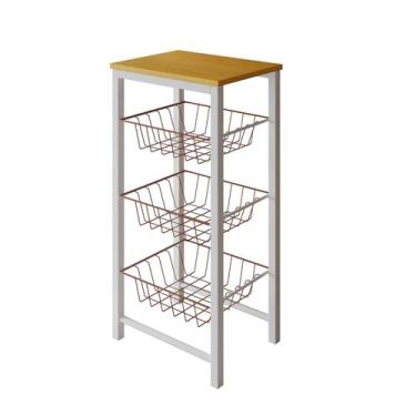 Imagem de Fruteira de Chão Cozinha Montada Aço Branco Tampo Canela Cesto Cobre R