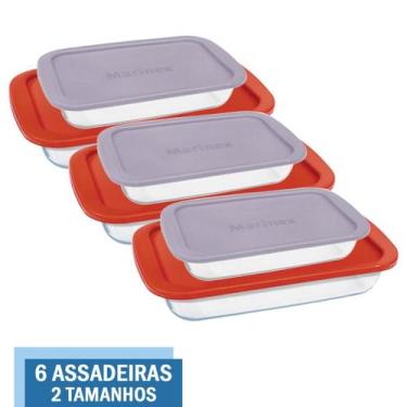 Imagem de Kit 6 Assadeiras Retangular Vidro C Tampa 1,6L 2,9L Marinex