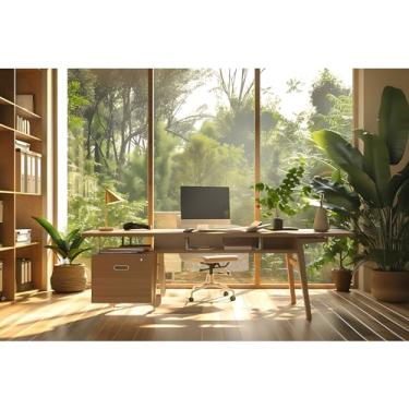 Imagem de Fundo de escritório para videoconferência, moderno, aconchegante, espaço de trabalho, ambiente de trabalho, luz solar, ambiente de trabalho tranquilo para chamadas de vídeo ao vivo, adereços de