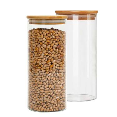 Imagem de Jogo 2 Potes Porta Mantimento Hermético Vidro Borossilicato Redondo Tampa Bambu 1,5 litros