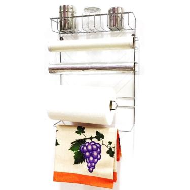 Imagem de Suporte Cozinha 5 Em 1 Aço Cromado Porta Papel Toalha Para Parede, Porta Alumínio, Plástico Film e Porta Condimentos Pri
