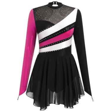 Imagem de Vestido feminino de patinação no gelo, manga comprida, para patinação artística, collant de ginástica rítmica, saia de chiffon brilhante, Rosa choque + preto, PP