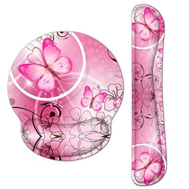Imagem de RICHEN Apoio de pulso e mouse pad com suporte de pulso, conjunto de espuma de memória para jogos e escritório, confortável e leve para fácil digitação e alívio da dor, Pink Butterfly