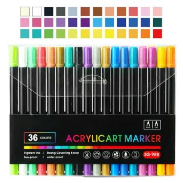 Imagem de Marcadores acrílicos, marcadores de tinta, Canetas de tinta de duas cabeças Marcadores acrílicos, Materiais de arte de papelaria com ponta de pincel à prova d'água de 24/36 cores para pintura, graffit