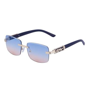 Imagem de VFDHN Óculos de sol retangulares sem aro, masculino e feminino, sem armação, vintage, armação de leopardo, óculos escuros, C9, azul, laranja, tamanho único