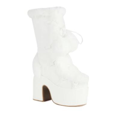 Imagem de Rock88 Botas femininas de salto alto de pele sintética, botas de inverno plataforma com zíper lateral e cadarço ajustável, cano médio para festas, branca, 40