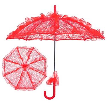 Imagem de Guarda-sol de Tecido de Renda de Casamento, Adereços de Performance, Cerimônia de Noiva Elegante Clássica Romântica (Vermelho)