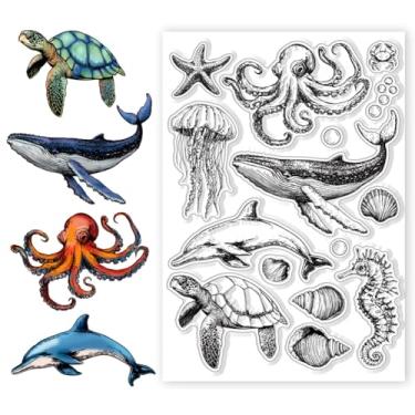 Imagem de CHGCRAFT Carimbo transparente de animais marinhos, baleias, tartarugas, selos transparentes de silicone personalizado para fazer álbuns de fotos faça você mesmo, animais marinhos, 21 x 14 x 0,3 cm