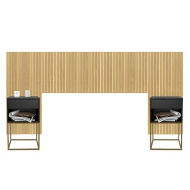 Imagem de Cabeceira Ripado em MDF Cama Casal Com 2 Mesas de Cabeceira Sofia 1 Gaveta - LH Móveis (Amadeirado - Mesa Preto/Pé Dourado)