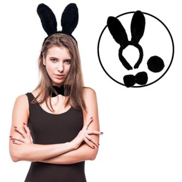 Imagem de Fantasia Coelhinha Preto Pelúcia Tiara Gravata Rabinho Carnaval