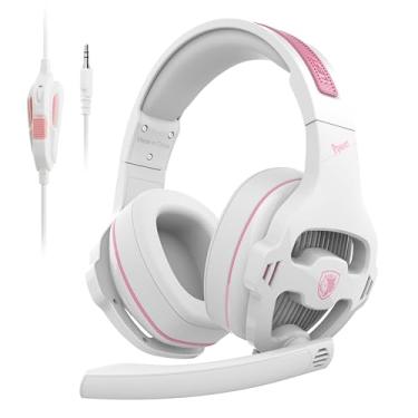 Imagem de Globalsades SA726 Fone de ouvido estéreo para jogos Xbox One PS4 PS5, fone de ouvido sobre a orelha com cancelamento de ruído de microfone para PC Xbox Series, branco e rosa