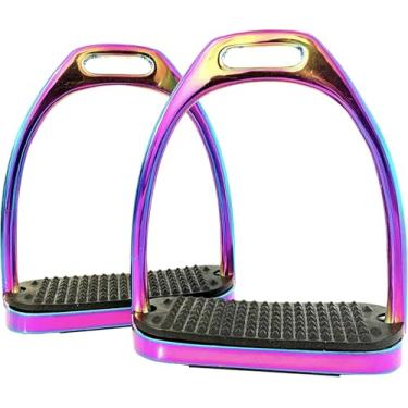 Imagem de Estribos de fillis brilhantes de arco-íris extremo – Estribos de equitação de aço inoxidável com degraus pretos (10 cm e 12 cm) (12 cm)