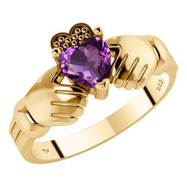 Imagem de Anel Claddagh Irlandês Prata 925 Dourada 18k - Ametista - Tudo Prata, 