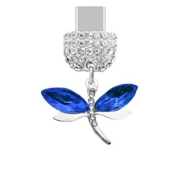 Imagem de ELISE & FONDA TP541 Tipo-C porta de carregamento cristal antipoeira pingente de celular Little Dragonfly para iPhone 15/16/Samsung/OnePlus/Xiaomi/oppo telefones Android (azul escuro), approx. 3 cm (L)