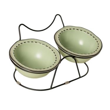 Imagem de Baoblaze Cerâmica Pet Bowl Cat Prato alimentador Antislip Protect Pets pescoço Tigela de gato Comida de gato e tigela de água Conjunto para gatos internos, Verde
