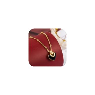 Imagem de Lindo colar com pingente de coração esmaltado vermelho e preto para mulheres, noivas, banhado a ouro 14K, pingente de coração minúsculo para presente de aniversário de dia dos namorados