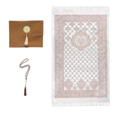 Imagem de Lenmipot Tapete de oração Namaz muçulmano cobertor portátil Ramadã oração tapete macio islâmico Eid conjunto de tapete de presente com contas tapete fino muçulmano - dourado claro