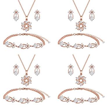 Imagem de Conjunto de joias de dama de honra para casamento, ouro 18K ou ouro rosa ou cobre banhado a prata com zircônia cúbica limpa colar brinco conjunto de pulseira para mulheres meninas presente, Cobre, Sem Pedra Preciosa