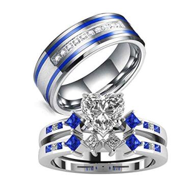 Imagem de LOVERSRING Conjunto de anéis de casamento para ele e para ela 3 peças feminino banhado a ouro branco coração azul zircônia cúbica anel de casamento aliança de casamento para ele e ela, Pedra Cristal, Ágata,