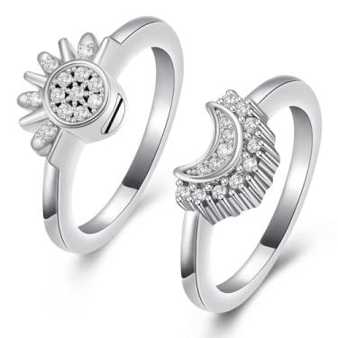 Imagem de Joias de cremação para anéis de cinzas – Conjunto de anéis celestiais de sol e lua, anel de sol cintilante/anel de lua azul/banhado a prata, anel de promessa de amizade, anéis celestiais empilháveis,