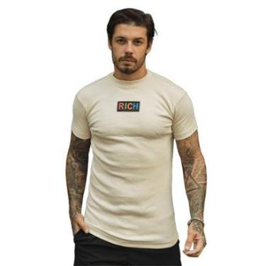 Imagem de Camiseta Slim Canelada Borracha Colorida Estilo Americano Streetwear Justa ao Corpo Ribana Creme-Masculino