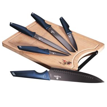 Imagem de Jogo 5 facas e tábua de bambu 6pçs Aquamarine Berlinger Haus Kit de Faqueiro Chef de Cozinha Gourmet Aço Inox Lamina Promoção Oferta