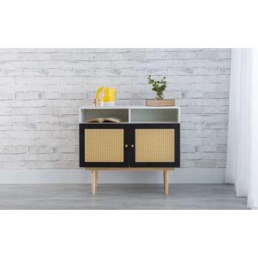 Imagem de Balcão Buffet Pés Palito Madeira 2 Portas Com Nichos Mdf E Palhinha Es