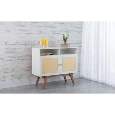 Imagem de Balcão Buffet Pés Jatobá Mdf Branco 2 Portas Com Nichos Mdf E Palhinha