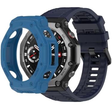 Imagem de QHBAMD Pulseira de silicone com capa compatível com Amazfit T-REX3, capa macia e respirável, para homens e mulheres (azul escuro)