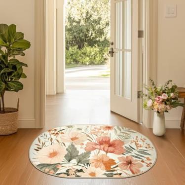 Imagem de jinchan Tapete floral primavera verão 2x3 tapete oval entrada lavável moderno estampa de flores oriental tapete antiderrapante para cozinha, lavanderia, quarto, banheiro, rosa/cinza