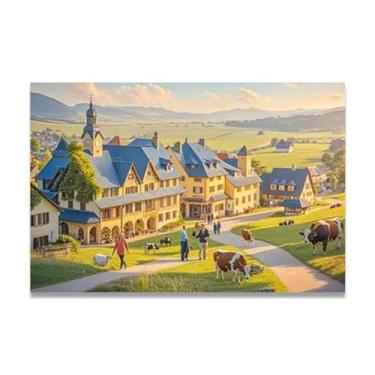 Imagem de Firefly Night Village Cozy Town Impressão em tela paisagem de aldeia quente arte de parede para decoração de escritório em casa, galeria embrulhada 50 x 75 cm