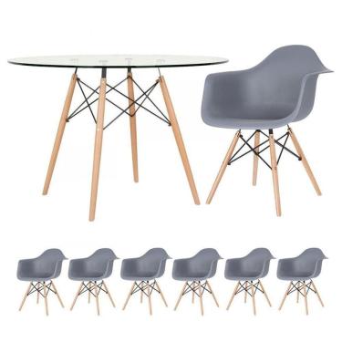 Imagem de Mesa Redonda Eames Com Tampo De Vidro 120 Cm + 6 Cadeiras Eiffel Daw Cinza Escuro Cinza Escuro