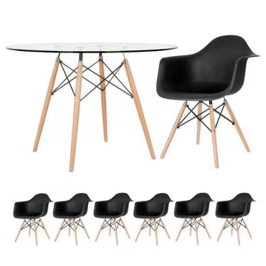Imagem de Mesa Redonda Eames Com Tampo De Vidro 120 Cm + 6 Cadeiras Eiffel Daw Preto Preto