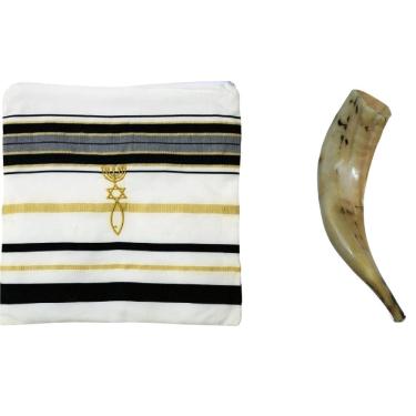 Imagem de Shofar De Chifre De Carneiro + Talit Azul - De Israel