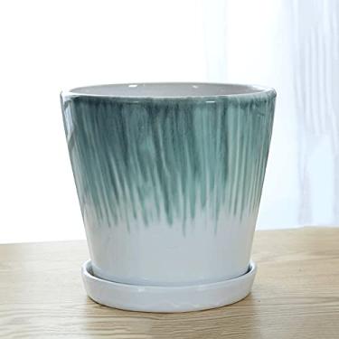 Imagem de TLTDSMY Vaso de cerâmica para paisagem, moderno, simples, vaso de mesa com pires de cerâmica e orifício de drenagem, decoração de jardim, flores de jardim, suculentas, vaso de plantação de cacto