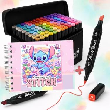 Imagem de Kit Livro de Colorir Stitch Capa Dura 55 Páginas + Estojo de Canetinhas Marcadoras Touch Ponta Dupla -Pintura Relaxante Crianças e Adultos Kit Completo (Azul)